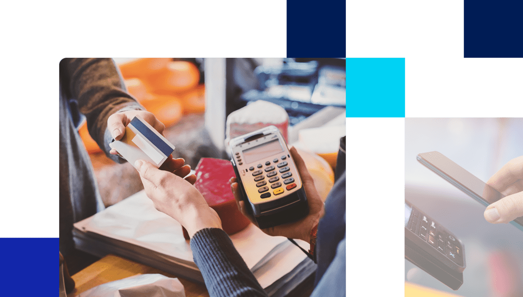 Images of customer handing cashier credit card holding merchant terminal and touchless payment.