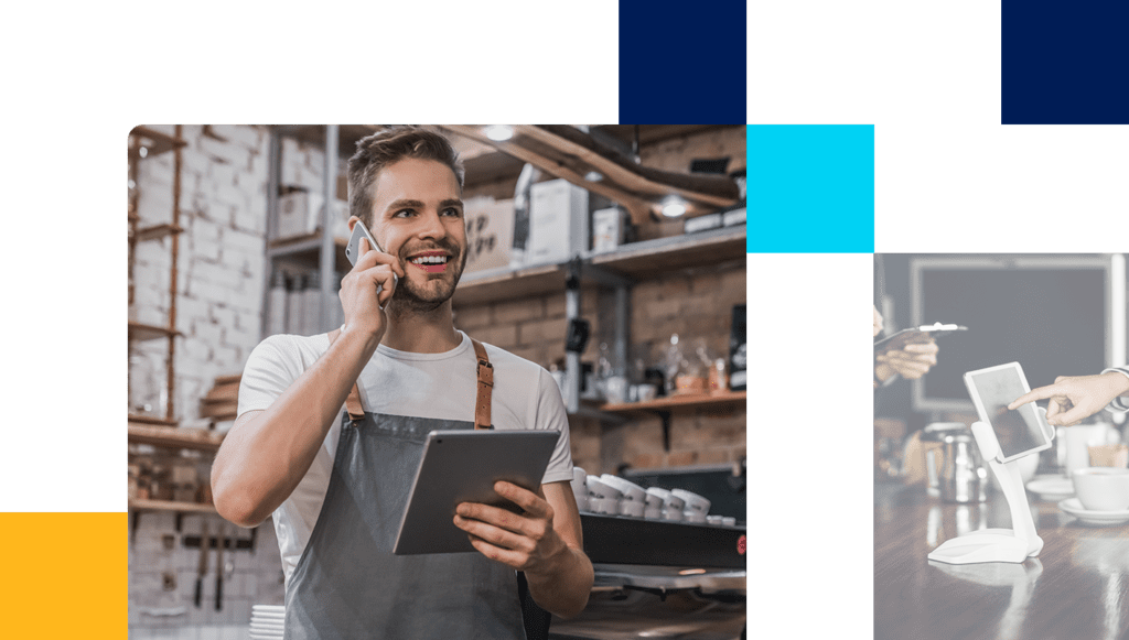 Images of man in restaurant using tablet in back of house and customer using web-based POS to pay.