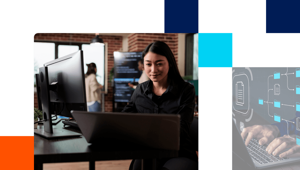 Asian cybernetics engineer writing lines of code in order to secure mainframe database storage.  