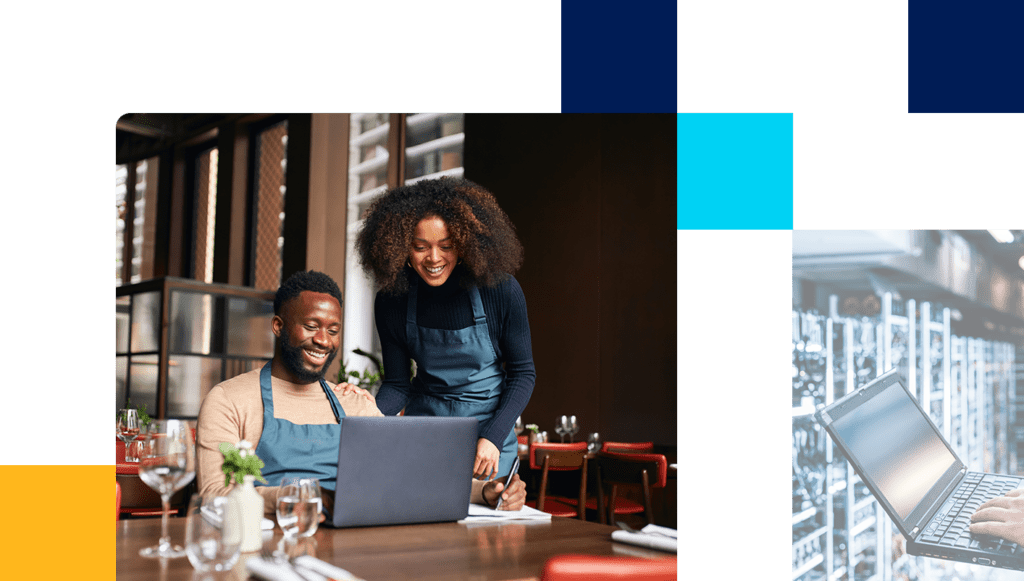 Images of smiling restaurant owner and close of up website security expert using laptop in front of server network.