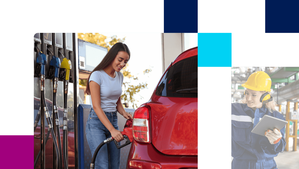 Attractive female pumper gas of red car at fuel station