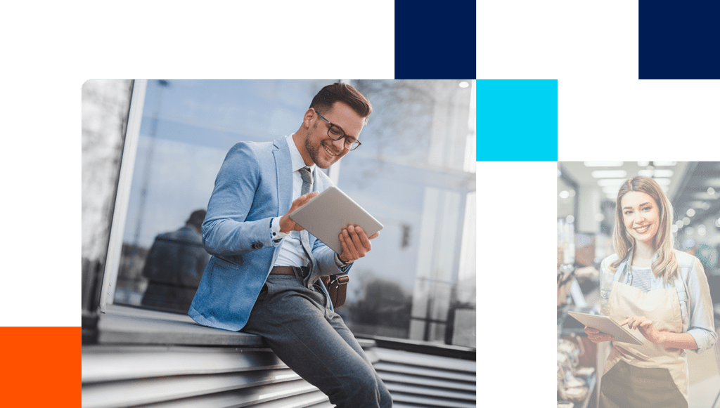 Smiling man in suit working on tablet and female in CPG store using tablet to simplify operations.