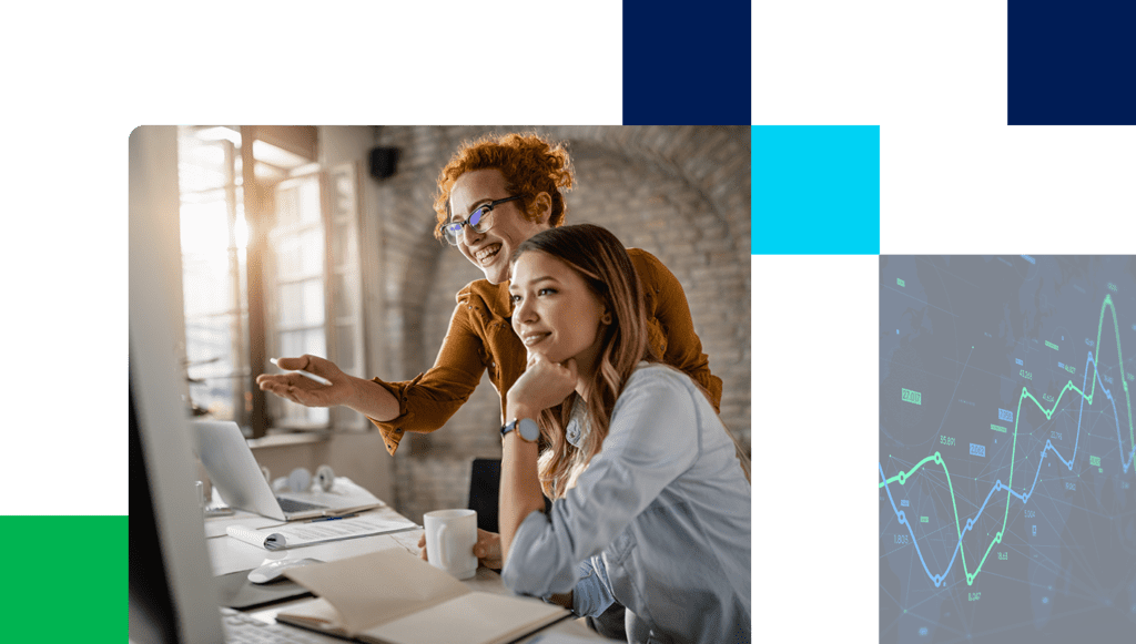 Images of two female coworkers collaborating on desktop computer and industry cloud data.