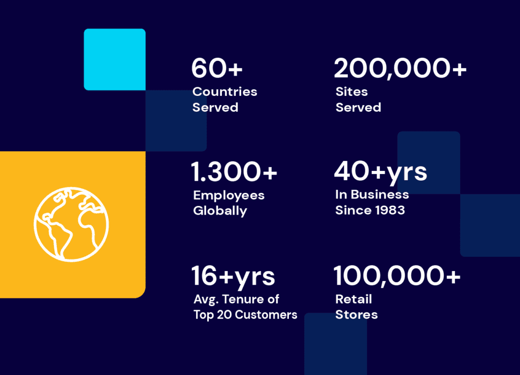 Graphic design element showing statistical information for PDI's global presence.