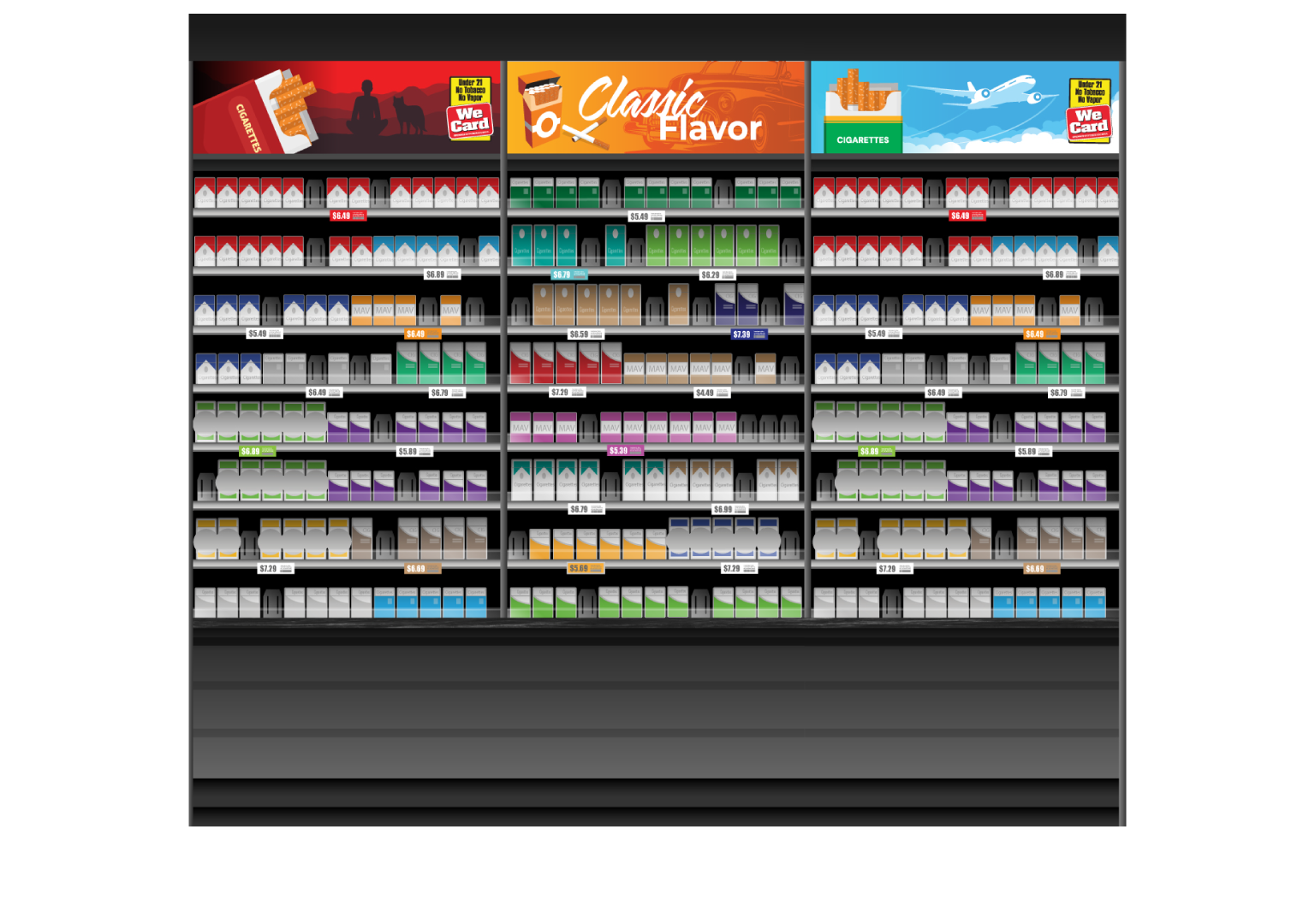 Retail tobacco display featuring a wide range of cigarette brands and pricing, used to illustrate how PDI Loyalty helps convenience retailers streamline complex tobacco loyalty programs, minimize compliance risks, and maximize promotional value.